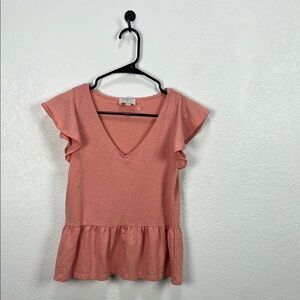 LOFT Women’s Pink Flutter Sleeve Peplum Blouse V Neck Flowy Vacay Wear Sz XXSP